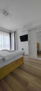 1 dormitorio con 1 cama grande y TV de pantalla plana en Casira Guesthouse en Sînmartin
