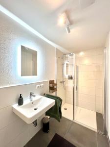 La salle de bains blanche est pourvue d'un lavabo et d'une douche. dans l'établissement Restaurierter Altbau mit privatem Innenhof & Parkplatz, à Großfischlingen