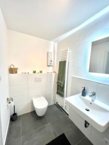 a white bathroom with a toilet and a sink at Restaurierter Altbau mit privatem Innenhof & Parkplatz in Großfischlingen
