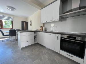 a kitchen with white cabinets and a black oven at Apartman David in Rijeka