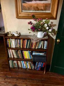 un estante de libros lleno de libros y un jarrón con flores en Back o' the Moon Holiday cottage, en Hogsback