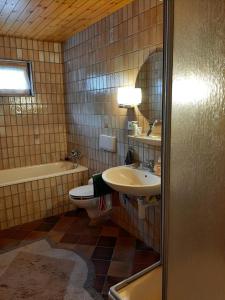 a bathroom with a sink and a toilet and a tub at Chalet Blettner in Randa