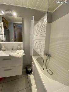 a white bathroom with a shower and a sink at L'Atypique T3 Stanislas Maisonnette avec cour in Orléans