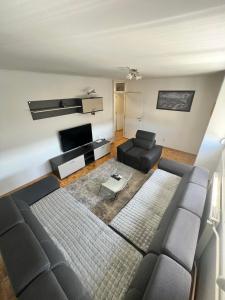 a living room with a couch and a tv at ELITE Brcanska Malta in Tuzla