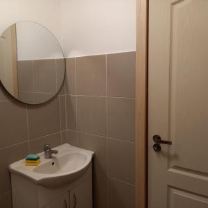 a bathroom with a sink and a mirror at Locație evenimente Evergreen Snagov in Tîncăbeşti