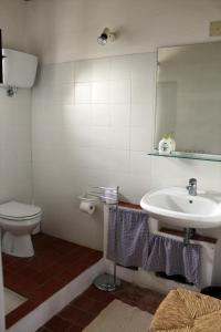 een badkamer met een wastafel, een toilet en een spiegel bij Maridiana Alpaca Country House in Umbertide