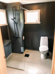 a bathroom with a toilet and a shower in it at Solrik hytte med tilgang til brygge og stor hage in Risør