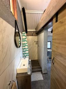a bathroom with a sink and a shower at Ndalo Lodge Mbombela in Nelspruit