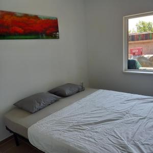 a bed with two pillows in a room with a window at Locație evenimente Evergreen Snagov in Tîncăbeşti