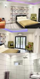 dwa zdjęcia sypialni z dwoma łóżkami i łazienką w obiekcie After 5 Apartment 3 2 spacious en-suite bedrooms w mieście Freetown