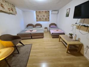 a living room with two beds and a tv at Ori in Podgorica