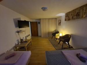 a living room with two beds and a television at Ori in Podgorica