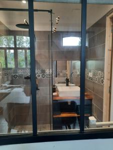 uma casa de banho com um lavatório e um espelho em Chez Line et Pierre: Appartement spacieux, lumineux et équipé em La Bastide-de-Sérou
