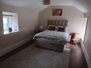 Un dormitorio con una cama grande y una ventana en THE LODGE (Belmullet town centre), en Belmullet