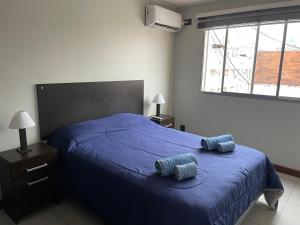 a bedroom with a bed with blue sheets and a window at Departamento a estrenar. A 20 metros de peatonal in Mendoza