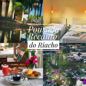 uma colagem de fotografias de um quarto de hotel com um lago em Riacho do Recanto Pousada em Barreirinhas