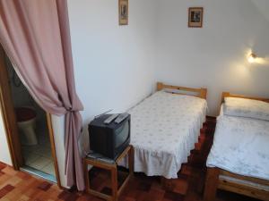 1 Schlafzimmer mit 2 Betten und einem TV auf einem Stuhl in der Unterkunft Guest house Ringhofer Vendégház in Sopron