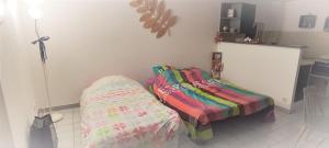 ein Schlafzimmer mit einem Bett und einer Decke auf dem Boden in der Unterkunft Vue exceptionnelle aux portes du Vercors in Pont-en-Royans