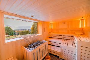 uma sauna com uma janela num quarto de madeira em Holzspan em Seiffen