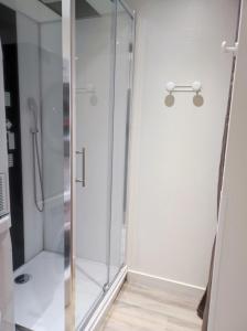 y baño con ducha y puerta de cristal. en Studio des Marches de Bretagne, en Fougères