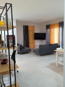 a living room with two couches and a television at וילת הנחלה למשפחות Nahala Villa in Shadmot Devora