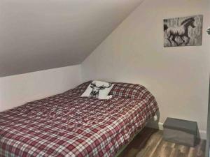 a bedroom with a bed with a plaid blanket at Chez Dorance in Saint-Gabriel