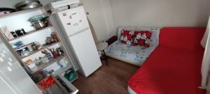 Habitación pequeña con nevera y cama en TEPE HAUSE, en Yenişehir