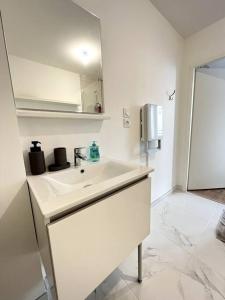 eine weiße Küche mit einer Spüle und einem Kühlschrank in der Unterkunft La Tourmaline Rouge - Romans in Romans-sur-Isère