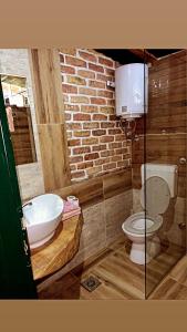 a bathroom with a toilet and a sink and a brick wall at Brvnare Dolic in Sarajevo +26 photos