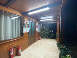 ein Haus mit einer Veranda mit einem Weihnachtsbaum in der Unterkunft Cabana cu Mesteceni in Sighetu Marmaţiei + 3 Fotos