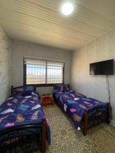 a room with two beds and a flat screen tv at Abu Hossam s chalet in Jerash