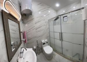 La salle de bains est pourvue de toilettes, d'un lavabo et d'un miroir. dans l'établissement Abu Hossam s chalet, à Jerash