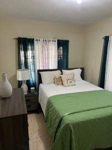 a bedroom with a large bed with a green blanket at Homely Escape in Montego Bay