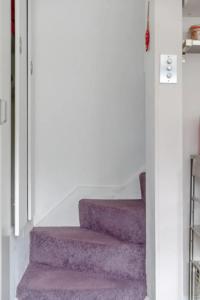 a purple carpeted staircase in a home with a white wall at Tasteful & Homely 1BD Flat - Brixton in London