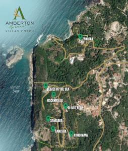 a map of an island in the water at Amberton Green Villas Corfu in Corfu Town