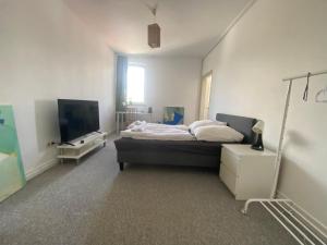 una camera con letto e TV a schermo piatto di Bluestone Appartements - 23qm free and near parking a Blaustein