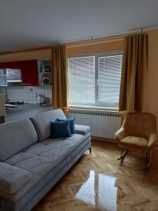 un soggiorno con divano e sedia di Apartman Kovač-Bilje a Bilje