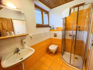 uma casa de banho com um lavatório, um WC e um chuveiro em Penzion Limba em Demanovska Dolina