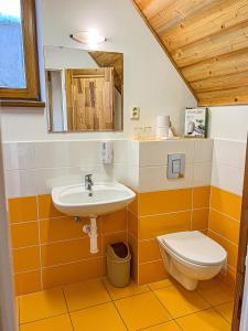 La salle de bains est pourvue d'un lavabo et de toilettes. dans l'établissement Penzion Limba, à Demänovská Dolina