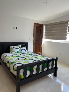 a bedroom with a bed with tennis balls on it at Hostal los Gomez in Oaxaca City