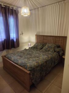 Un dormitorio con una cama grande y una lámpara de araña. en Chez Mamie - La pagerie, en Les Trois-Îlets