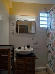 bagno con lavandino e specchio di Chez Mamie - La pagerie a Les Trois-Îlets