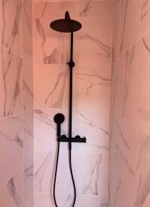 een douche in een badkamer met marmeren muren bij Belle Chambre Double ORANGE Tout Bonnement Bien in Putot-en-Auge
