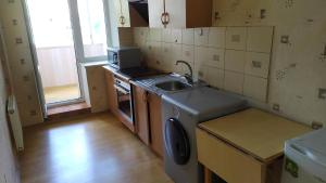 Una pequeña cocina con fregadero y estufa. en Visaginas Taikos 84, en Visaginas