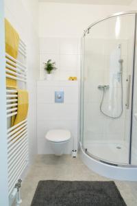 a white bathroom with a shower and a toilet at WeinlandMotel in Ebenthal