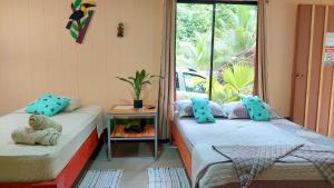 two beds in a room with a window at Casa el Tortugo in Drake