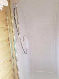 a shower with a shower head in a bathroom at Hoilisgeir Self Catering Pod in Daliburgh