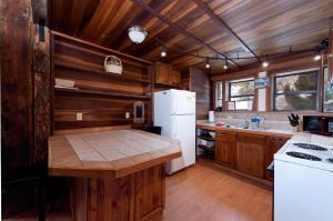 a kitchen with a white refrigerator and wooden walls at CR 213 - 3 Bedroom in Durango