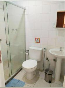 a bathroom with a toilet and a shower and a sink at Pousada Arrastão da Ilha in Abraão
