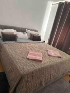 ein Bett mit zwei rosa Handtüchern darüber in der Unterkunft UrbanEscape in Onești